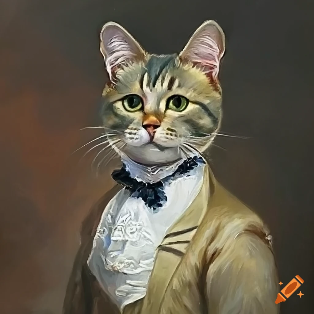 Oil painting of a cat in victorian attire