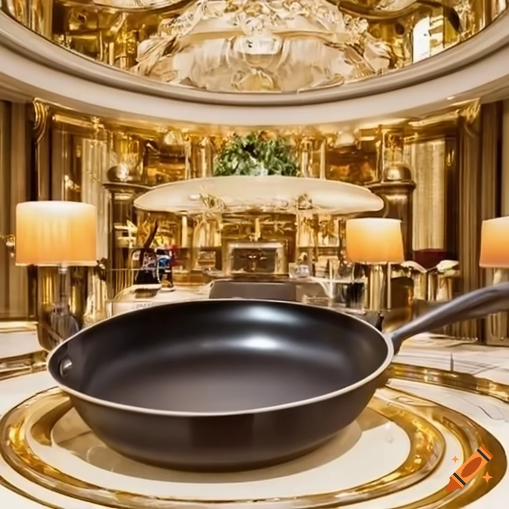 Luxurious frying pan display in hotel lobby on Craiyon