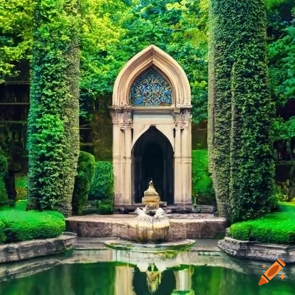Beautiful balcony in a lush garden with a view to a mausoleum on craiyon