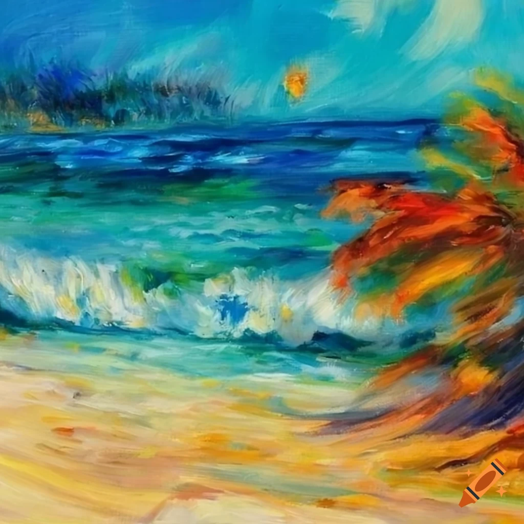 colorful tropical beach painting in Renoir style