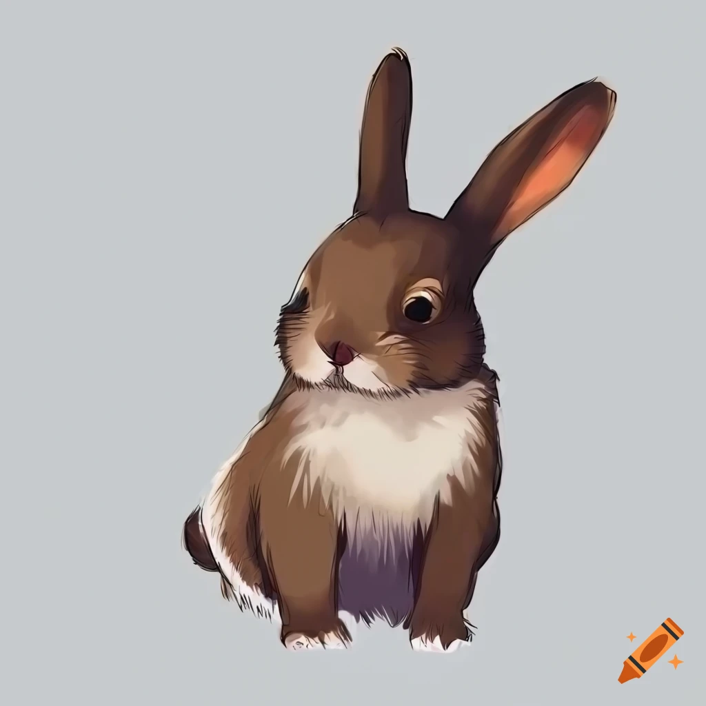 Studio ghibli-style drawing of a cute black, brown, and white rabbit