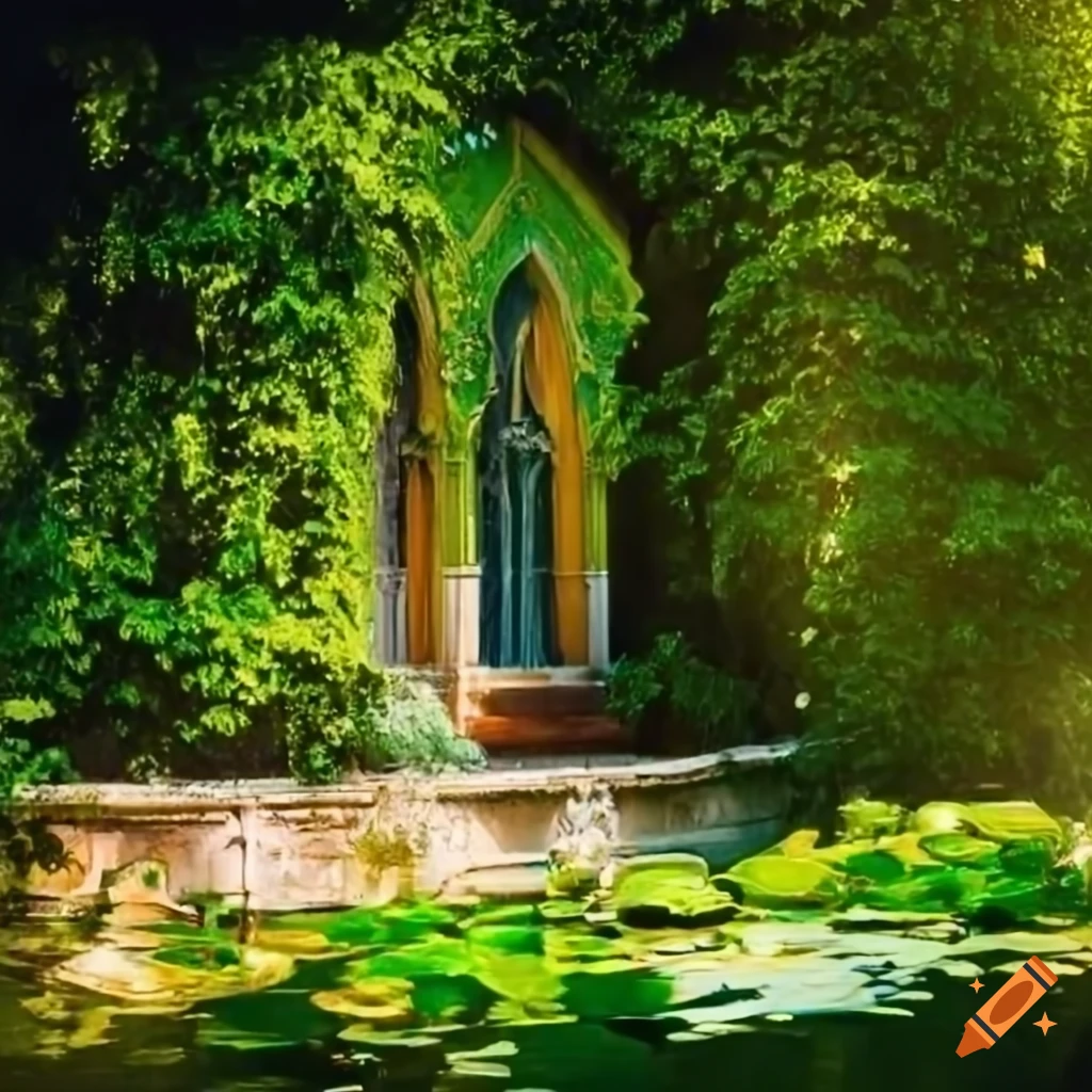lush garden balcony in Venice with fountain and stairway