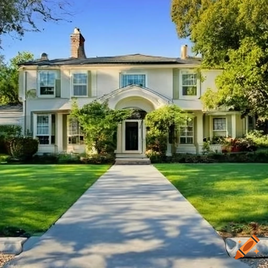 neo-colonial home with blooming flowers and a grand driveway