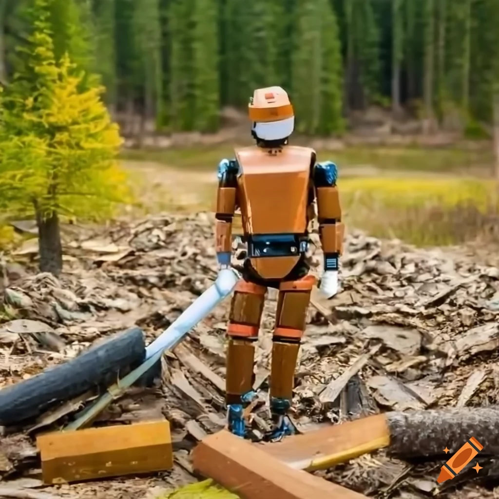 Realistic lumberjack robot in plaid gear in the forest on Craiyon