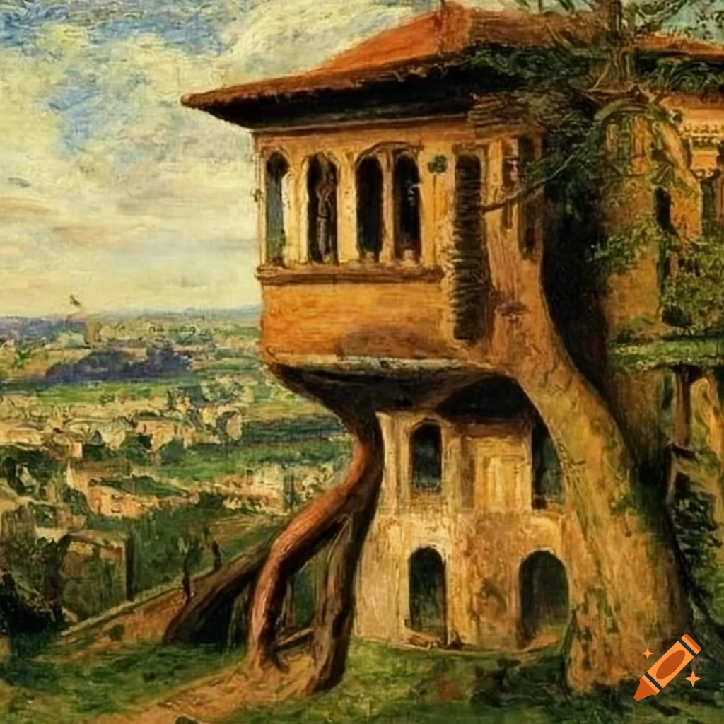 treehouse palace with balcony inspired by Masaccio, Antonello da Messina, and Camille Pissarro