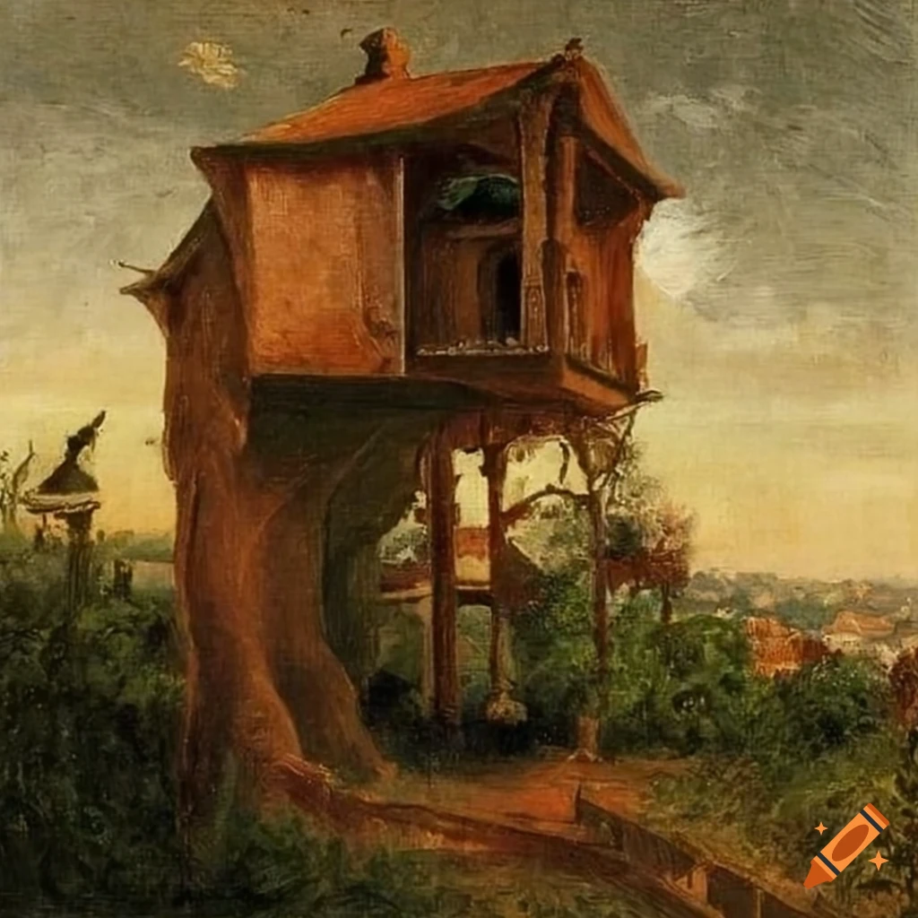 treehouse palace with balcony inspired by Masaccio, Antonello da Messina, and Camille Pissarro