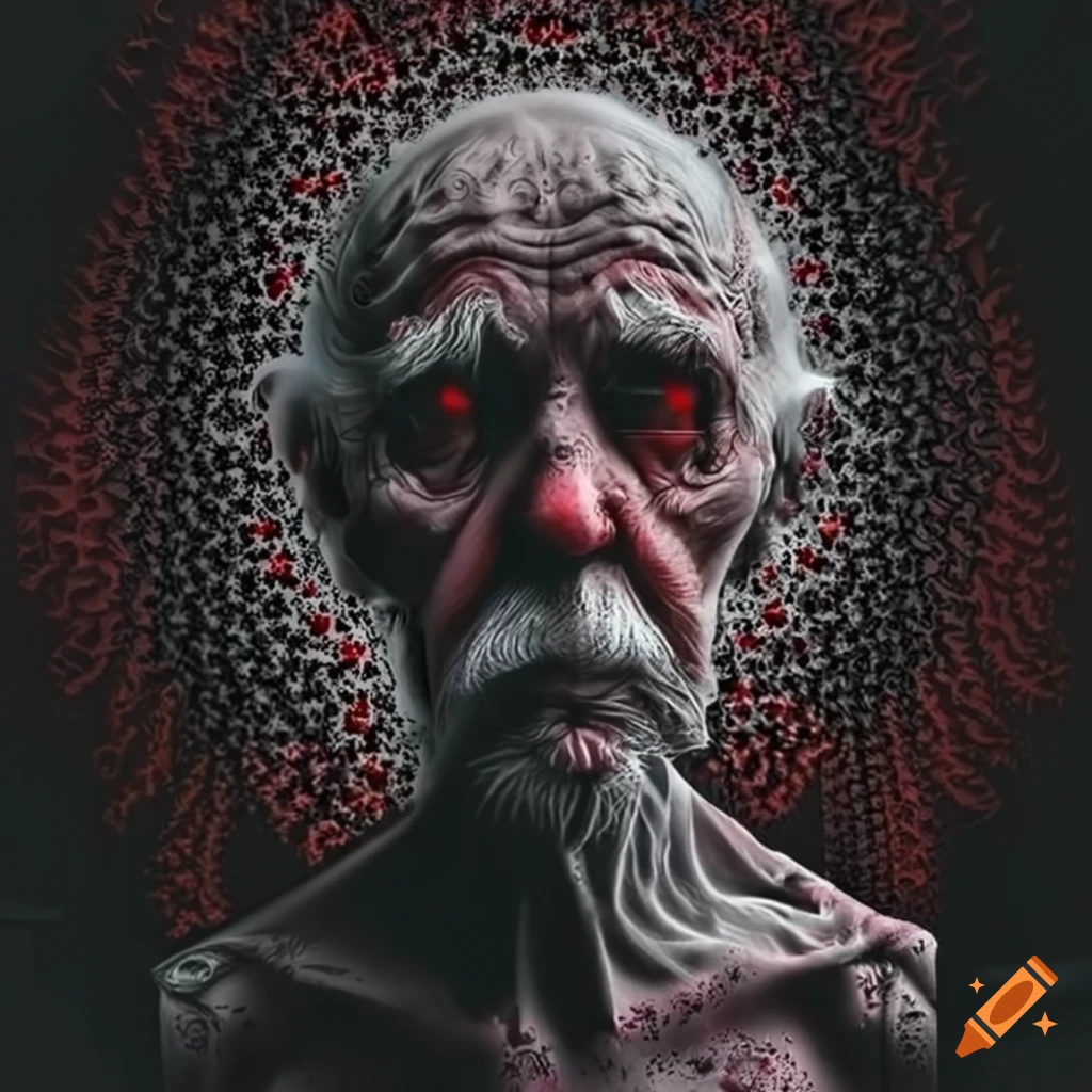 haunting album cover with an old man in fractals