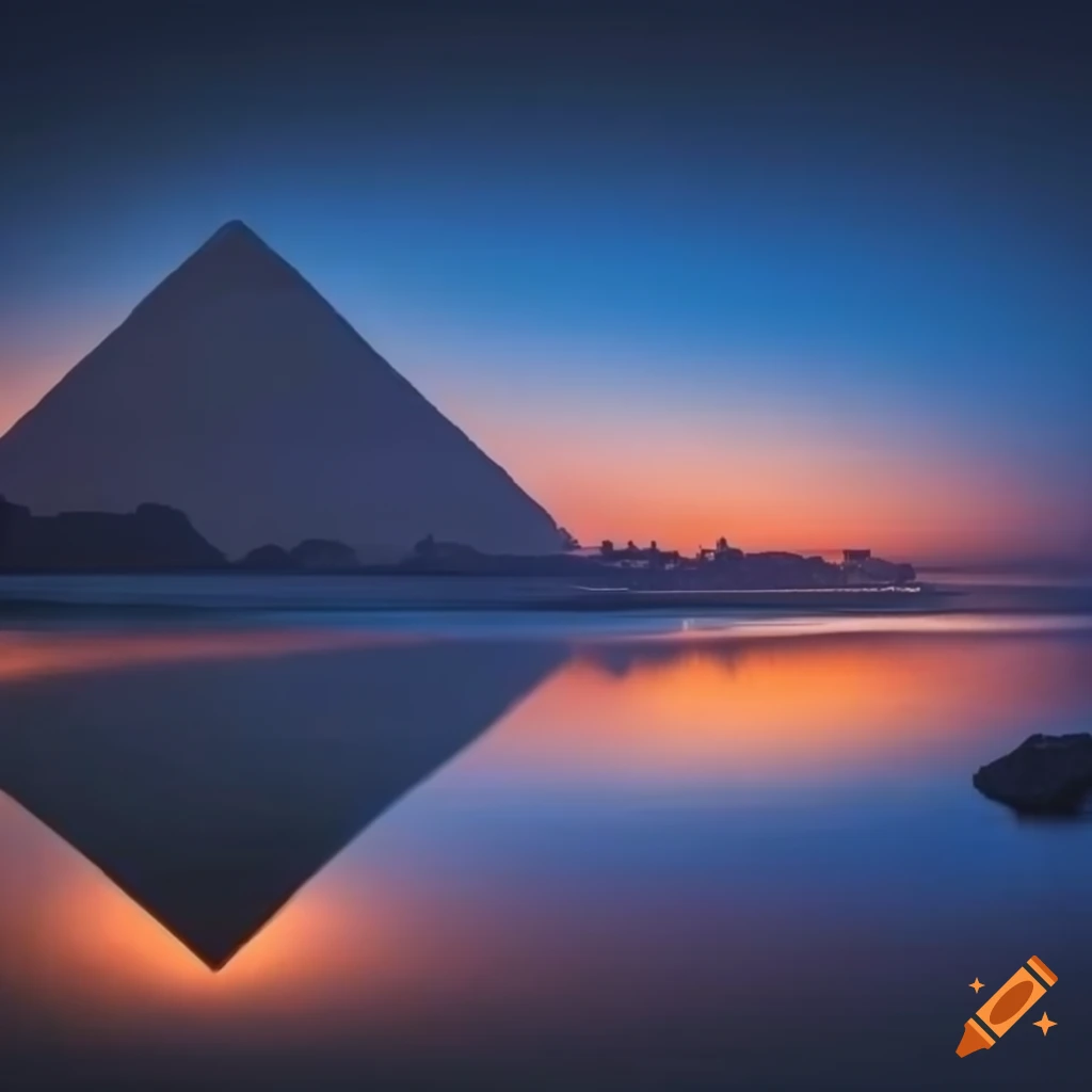 night view of a river with pyramids in the background