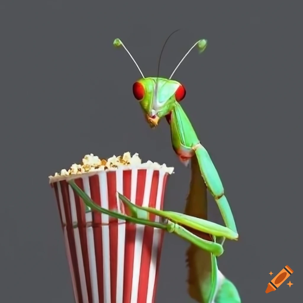 Red eye praying mantis holding popcorn in cinema