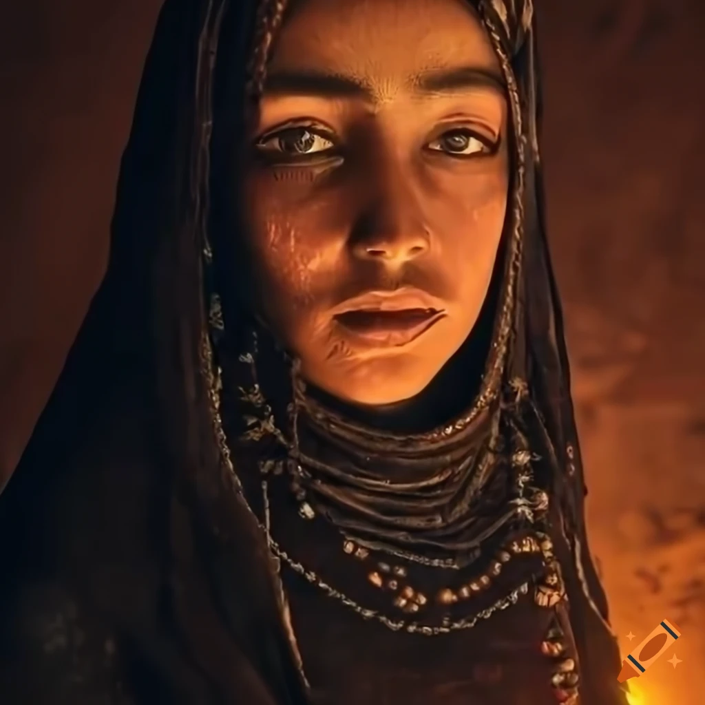 photograph of a young woman in black robes with primitive ornaments