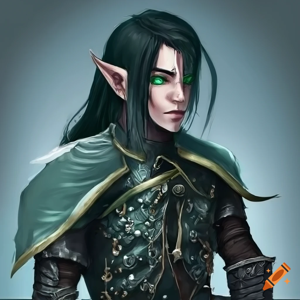 Illustration of a male high elf warrior in black attire on Craiyon
