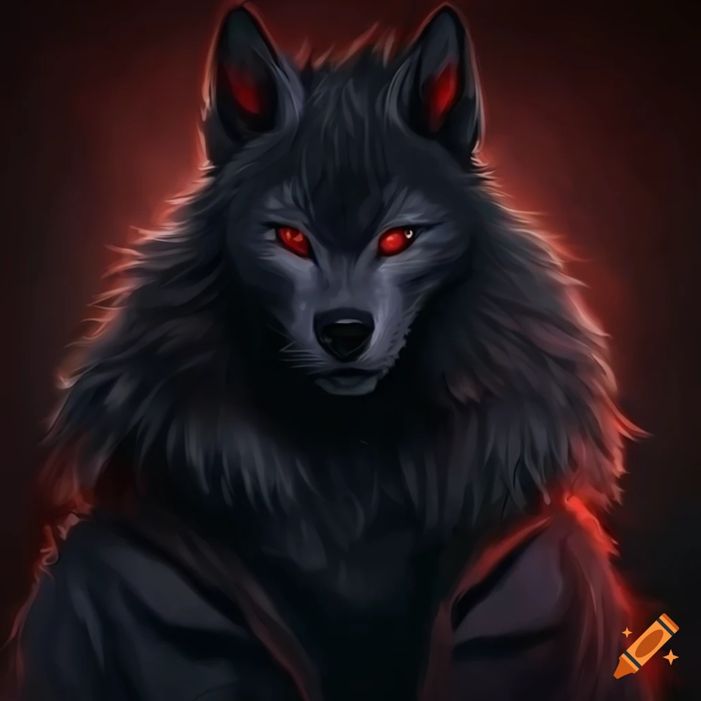 Hyper realistic black wolf with red eyes