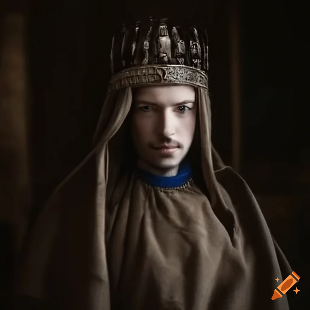 Medieval king with receding hairline and blue eyes