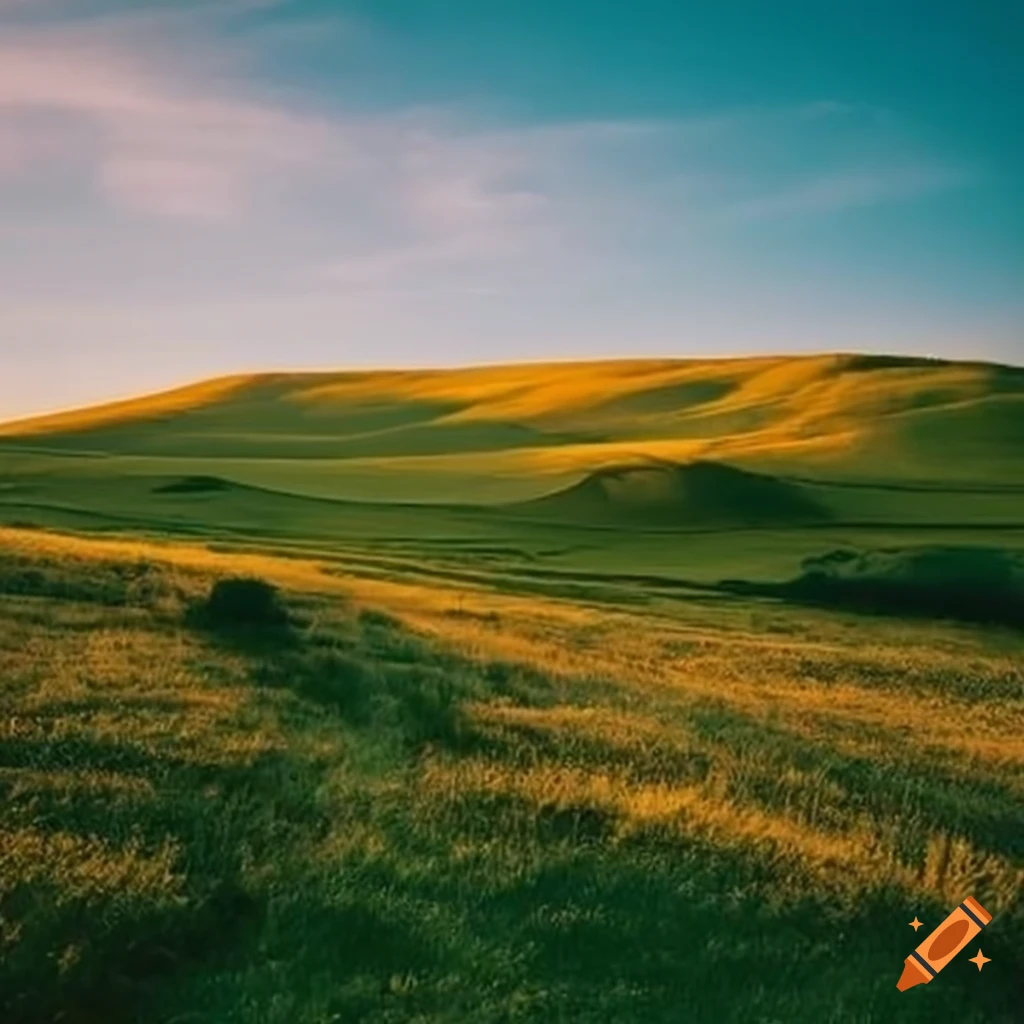 grassy landscape surrounded by rolling hills