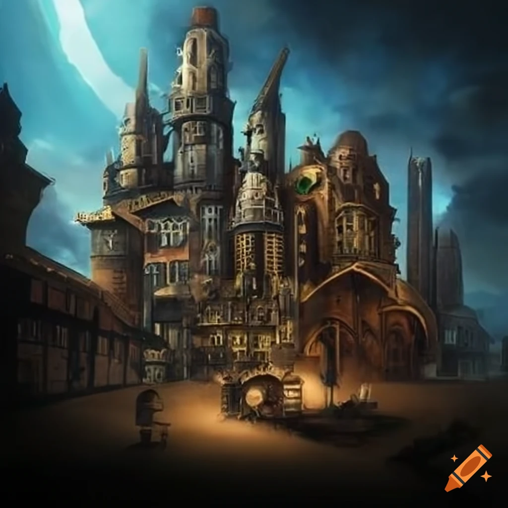 Steampunk city stage on Craiyon