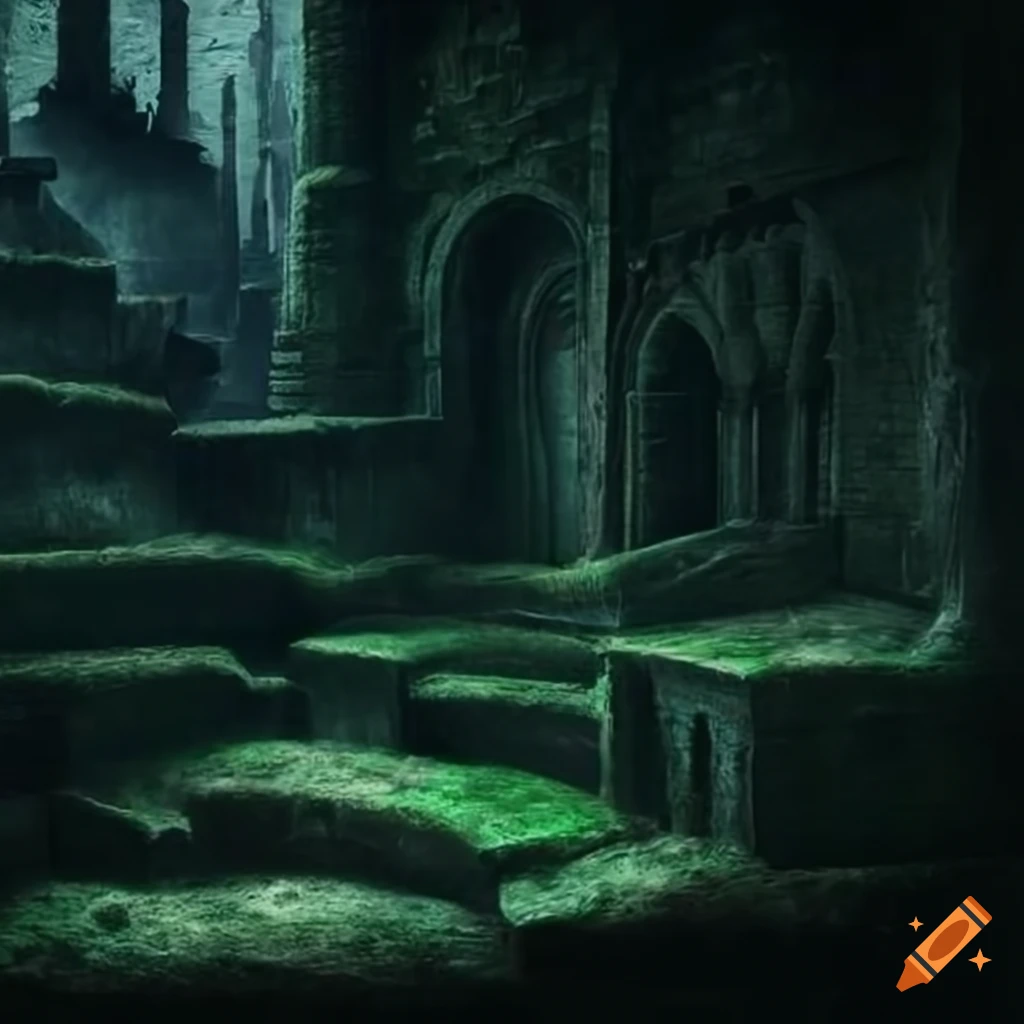 mossy shelves in a dark and ancient castle