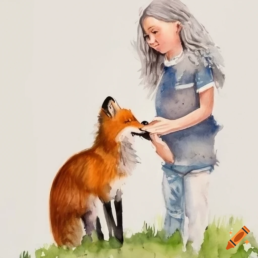 watercolor painting of a girl with silver hair meeting a fox