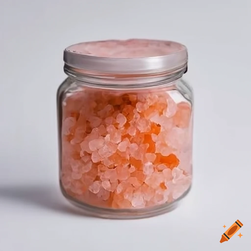 transparent jar of pink himalayan salt on white background