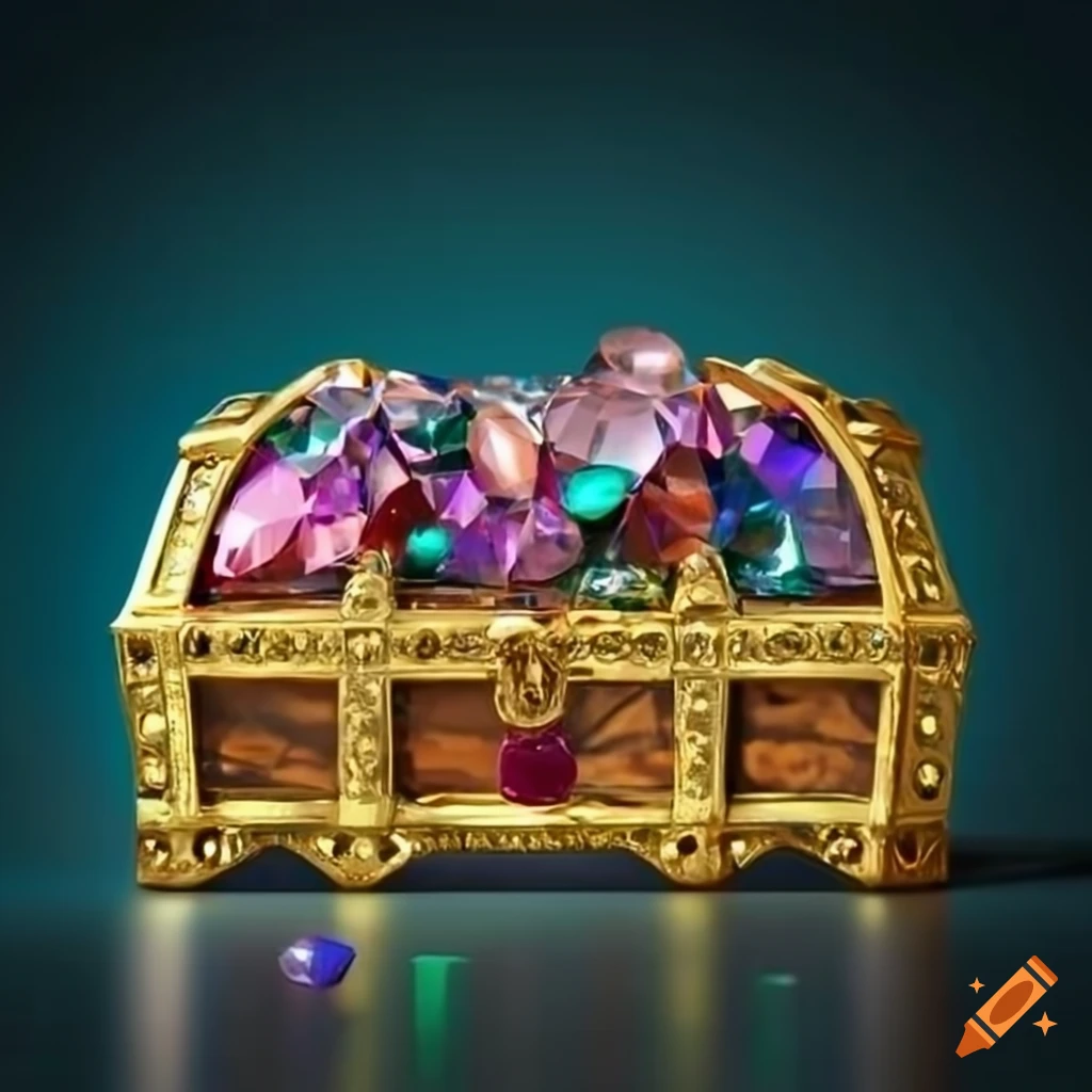 Treasure chest filled with silver, gold, gems, brooches, bracelets and  rings on Craiyon