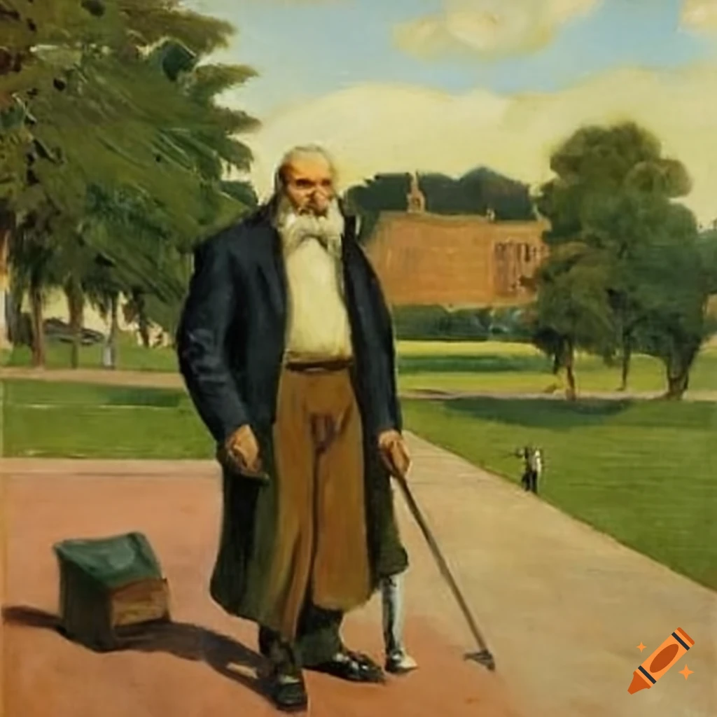social realism painting of a bearded man on a park promenade