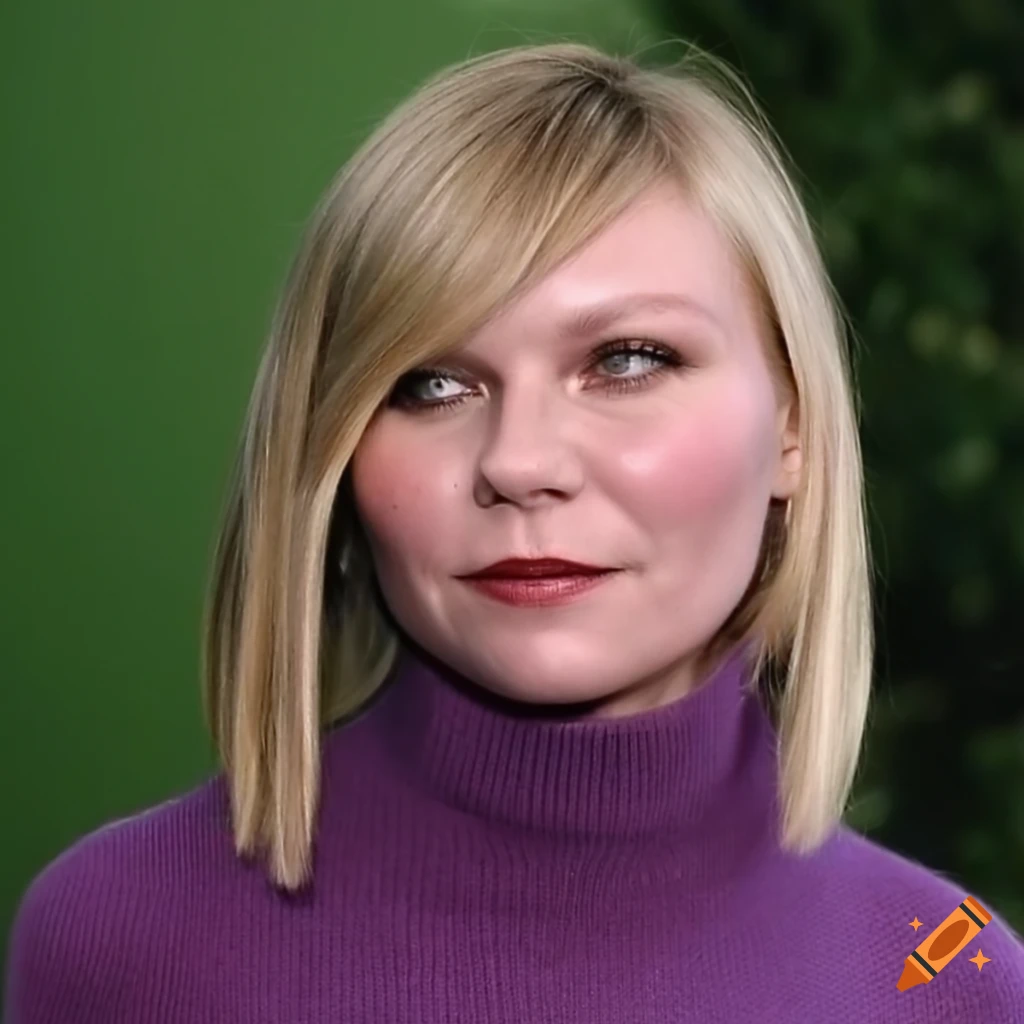 Kirsten Dunst with a bob haircut and violet sweater