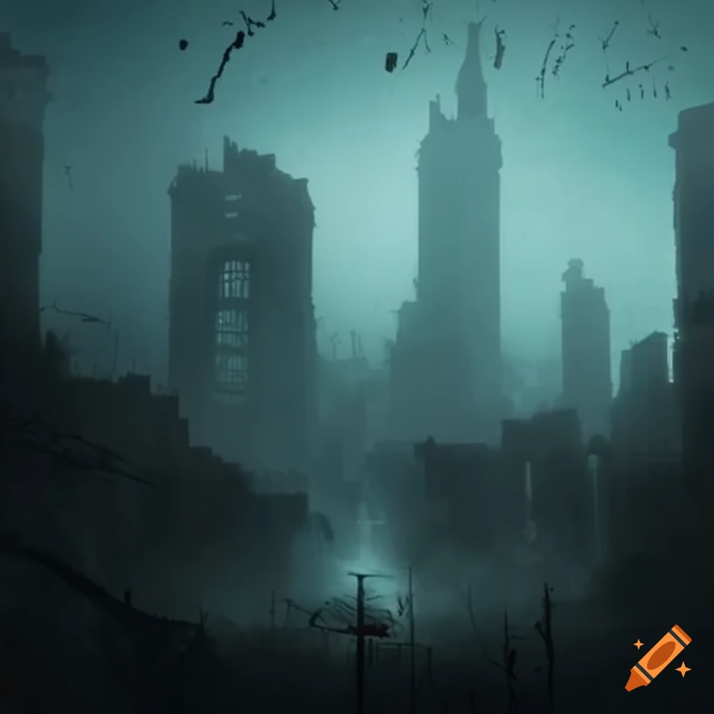 image of a fog-covered destroyed city infested with Titan spiders
