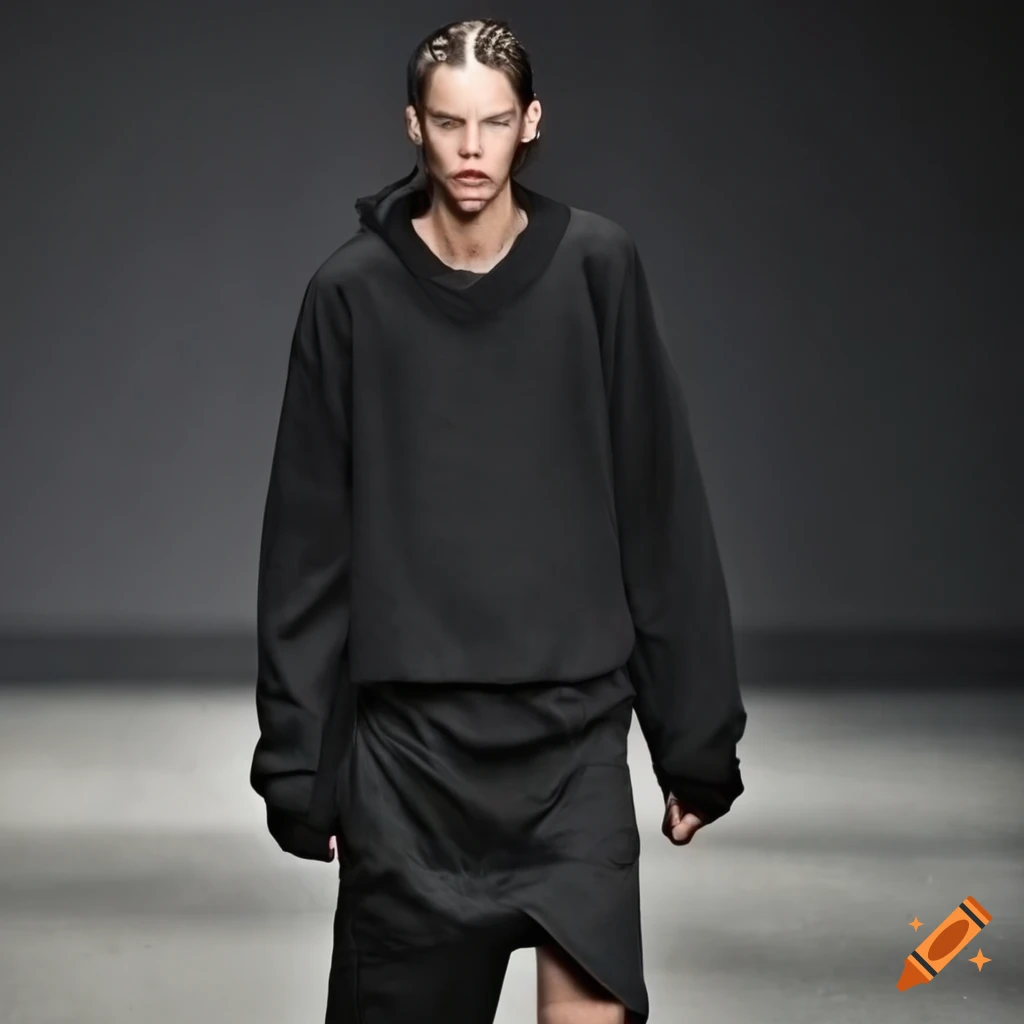 Rick owens male model in a black baggy outfit on the runway