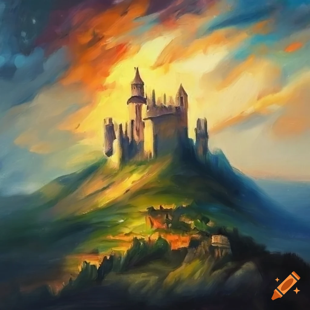 fantasy oil painting of a castle and village