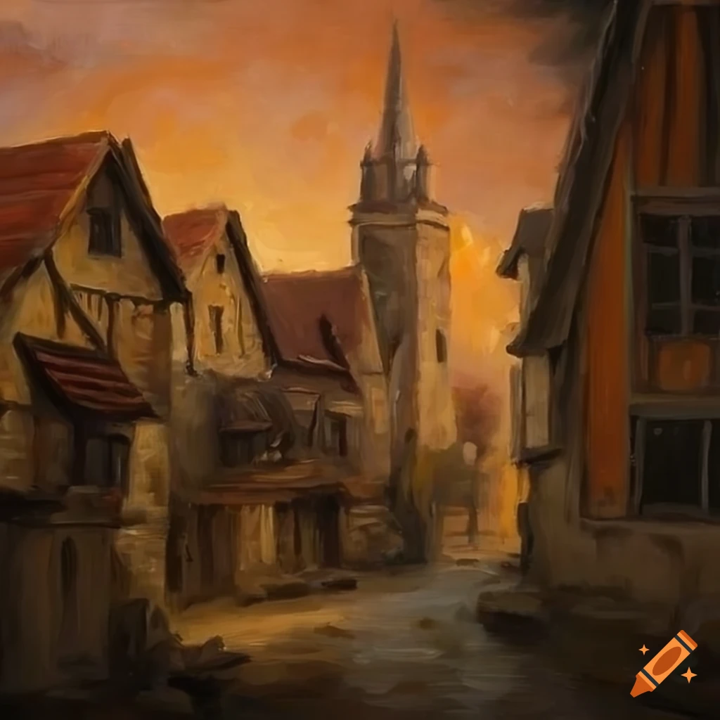 medieval village depicted in a fantasy oil painting