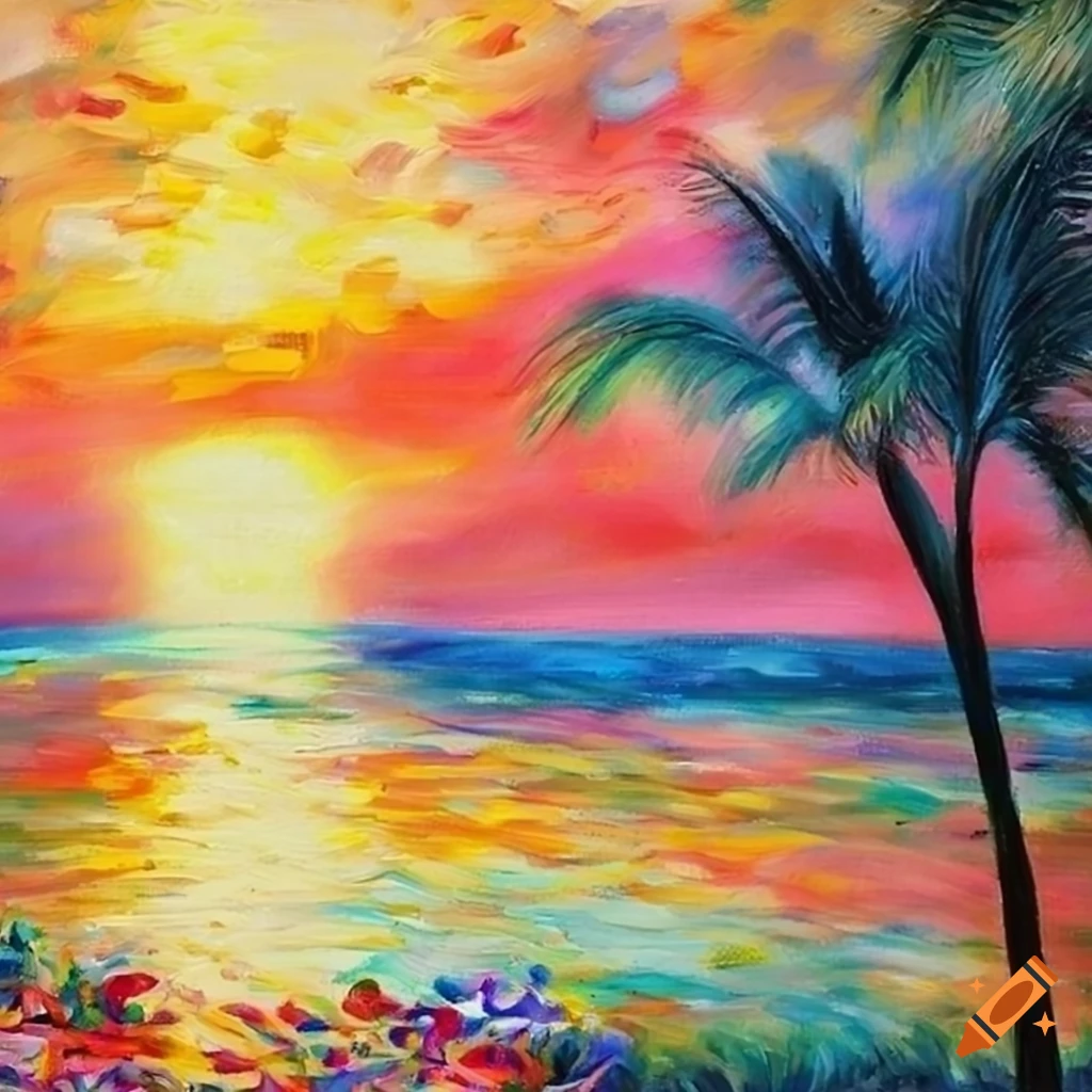 colorful oil painting of a tropical beach in Renoir style