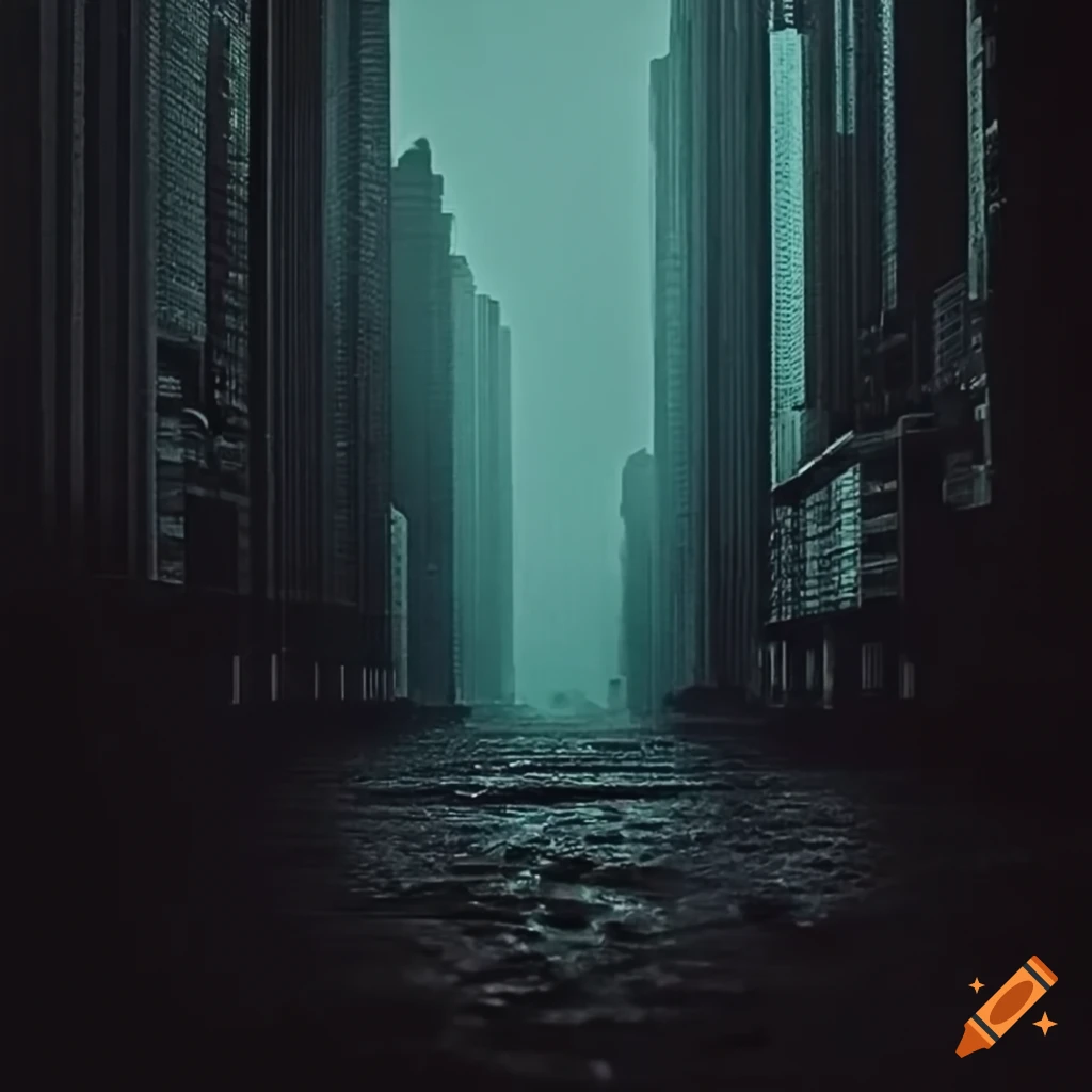 View of a dystopian city from below on Craiyon