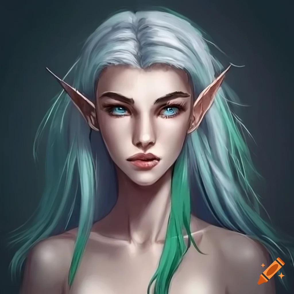 Character design of a half-elf woman with gray and green hair and ...