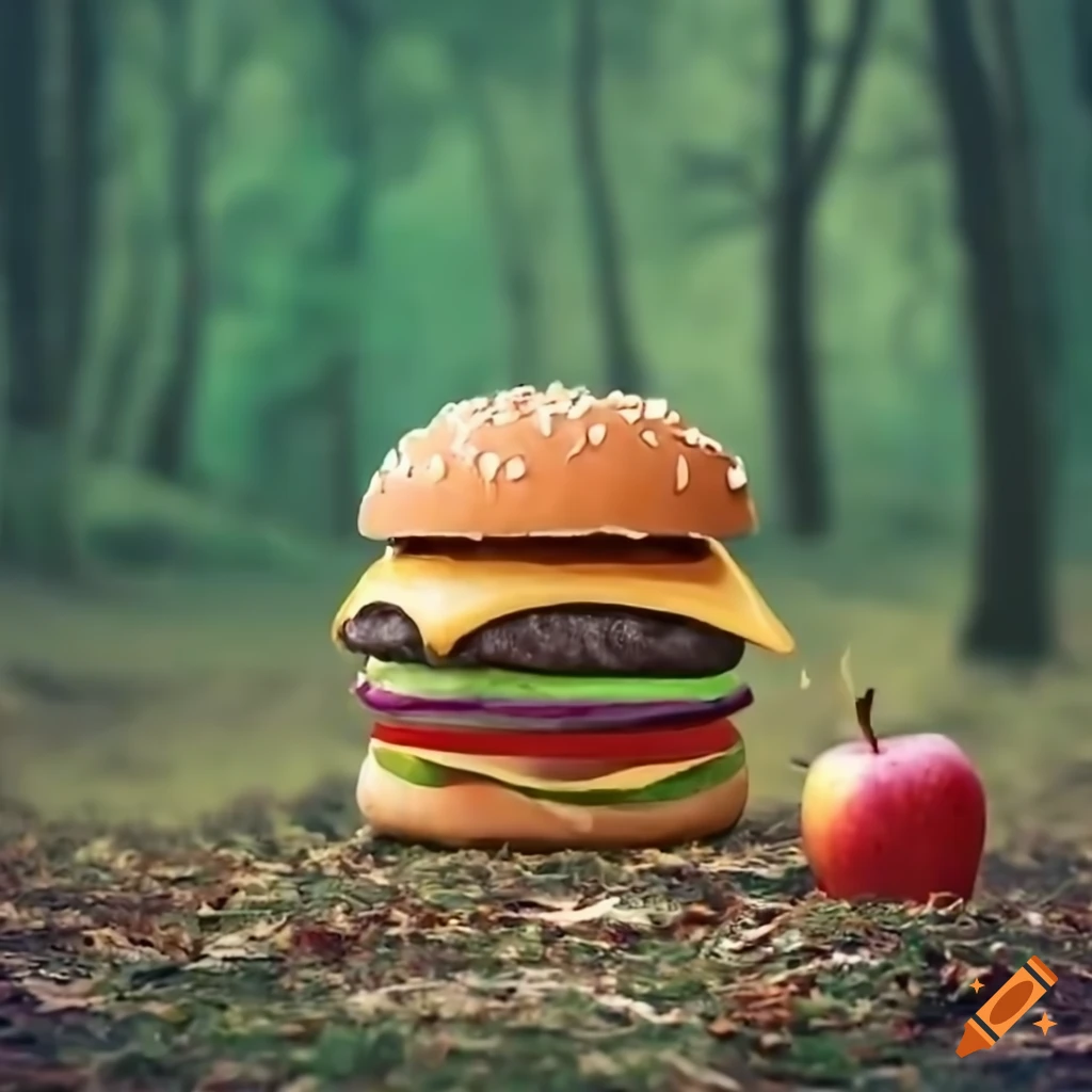 Hamburger And Apple In The Forest