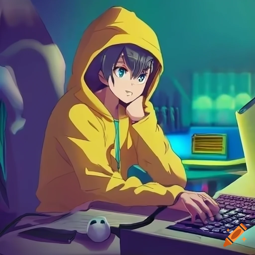 Anime Character In A Gaming Room With A Yellow Hoodie On Craiyon