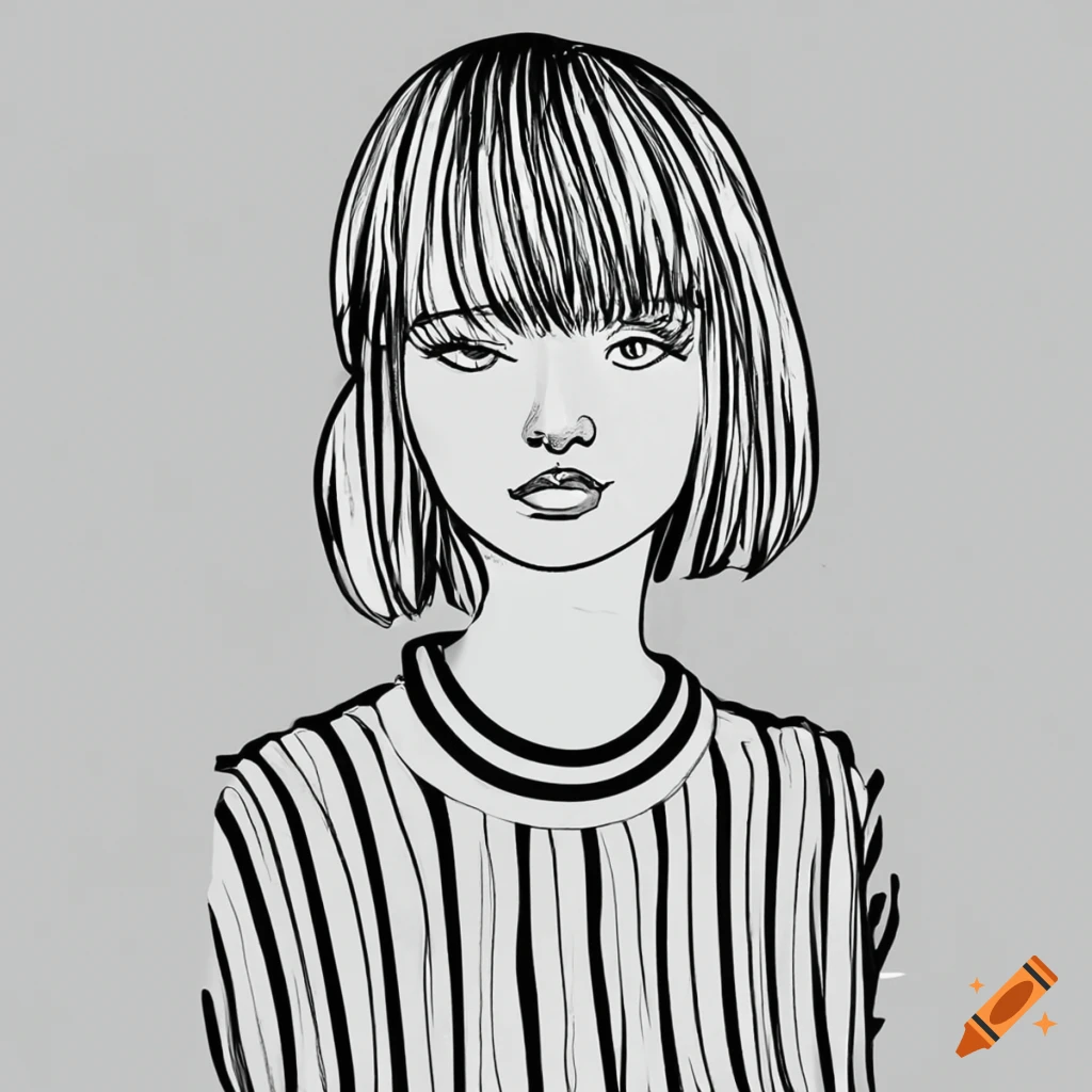 black and white coloring book page of a girl with short hair and a sweatshirt