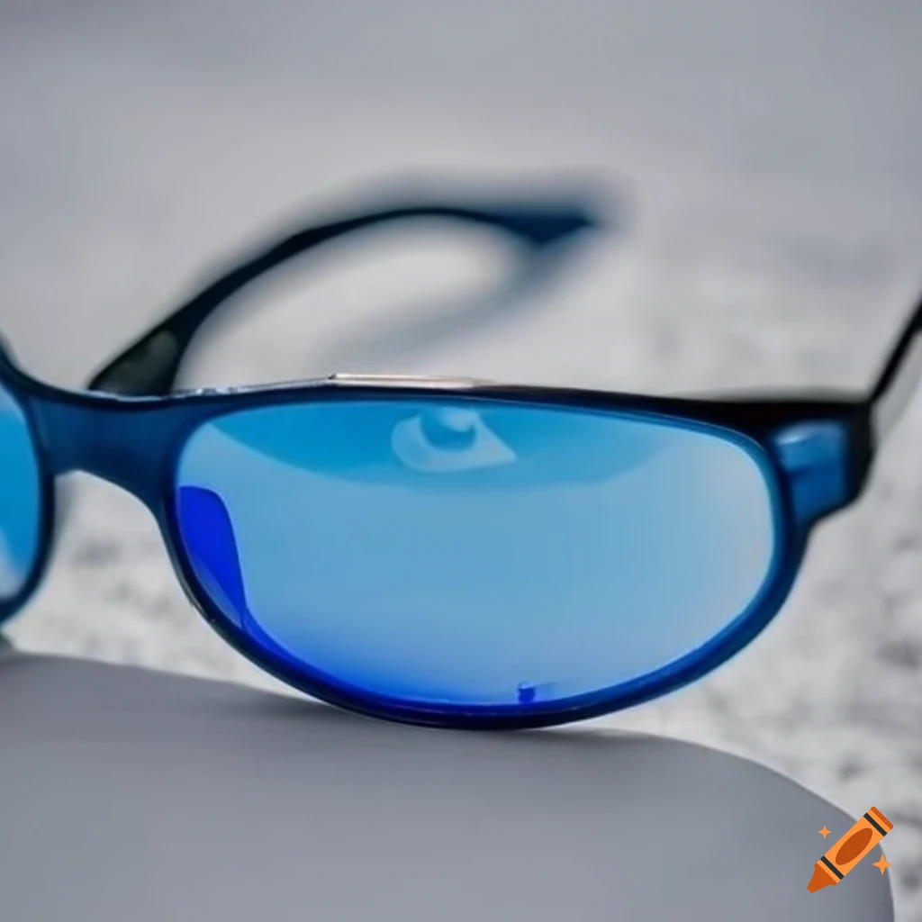 Blue sunglasses against a white wall