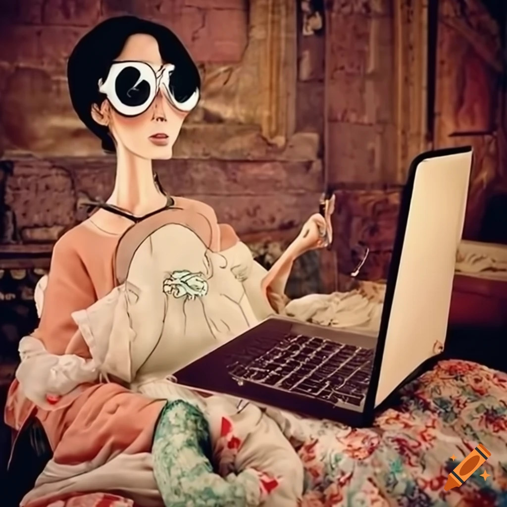 whimsical image of an Italian woman in a laptop