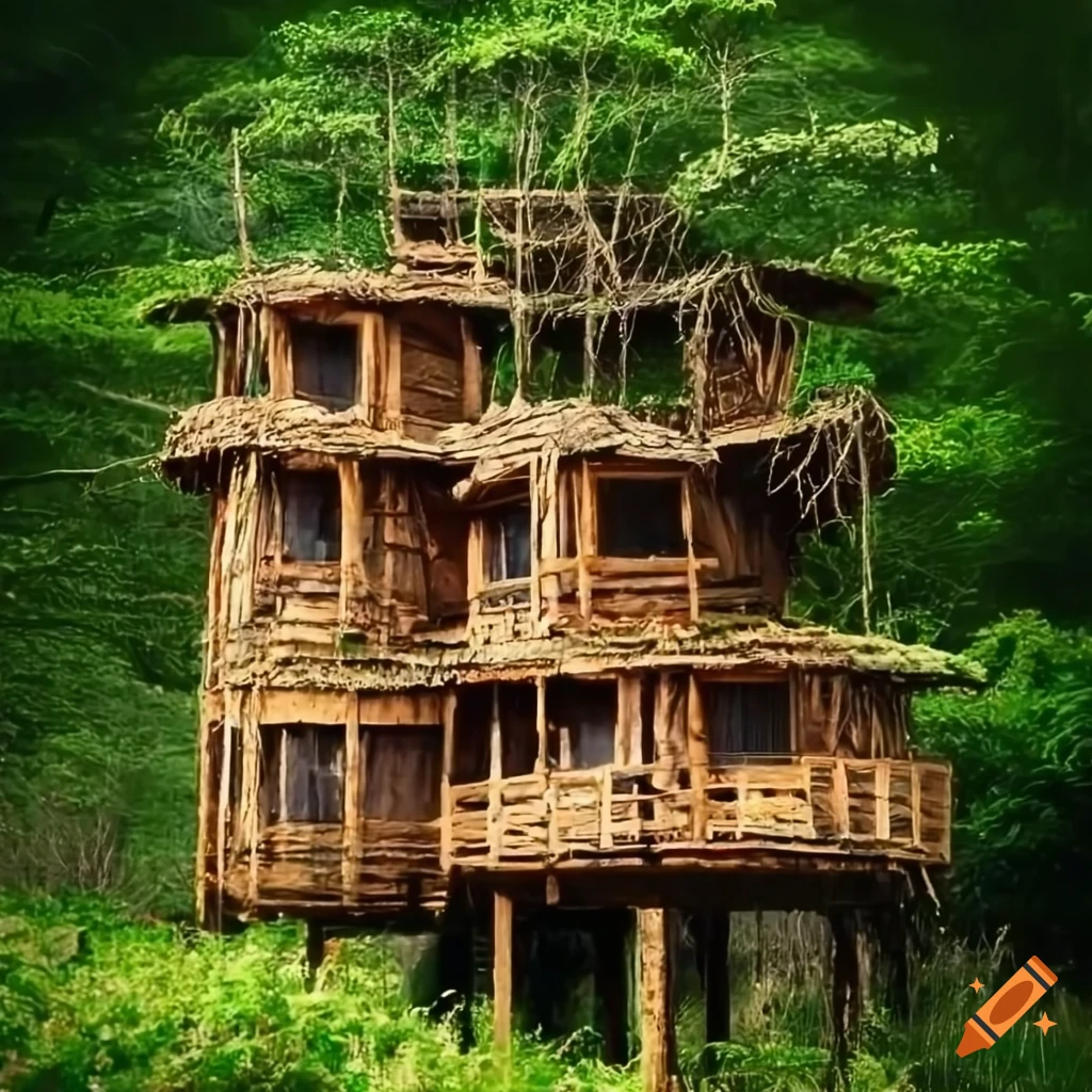 artistic illustration of treehouses with climbing plants