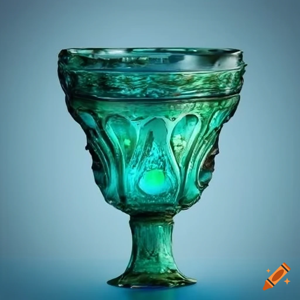 Ancient emerald goblet emerging from blue water on Craiyon