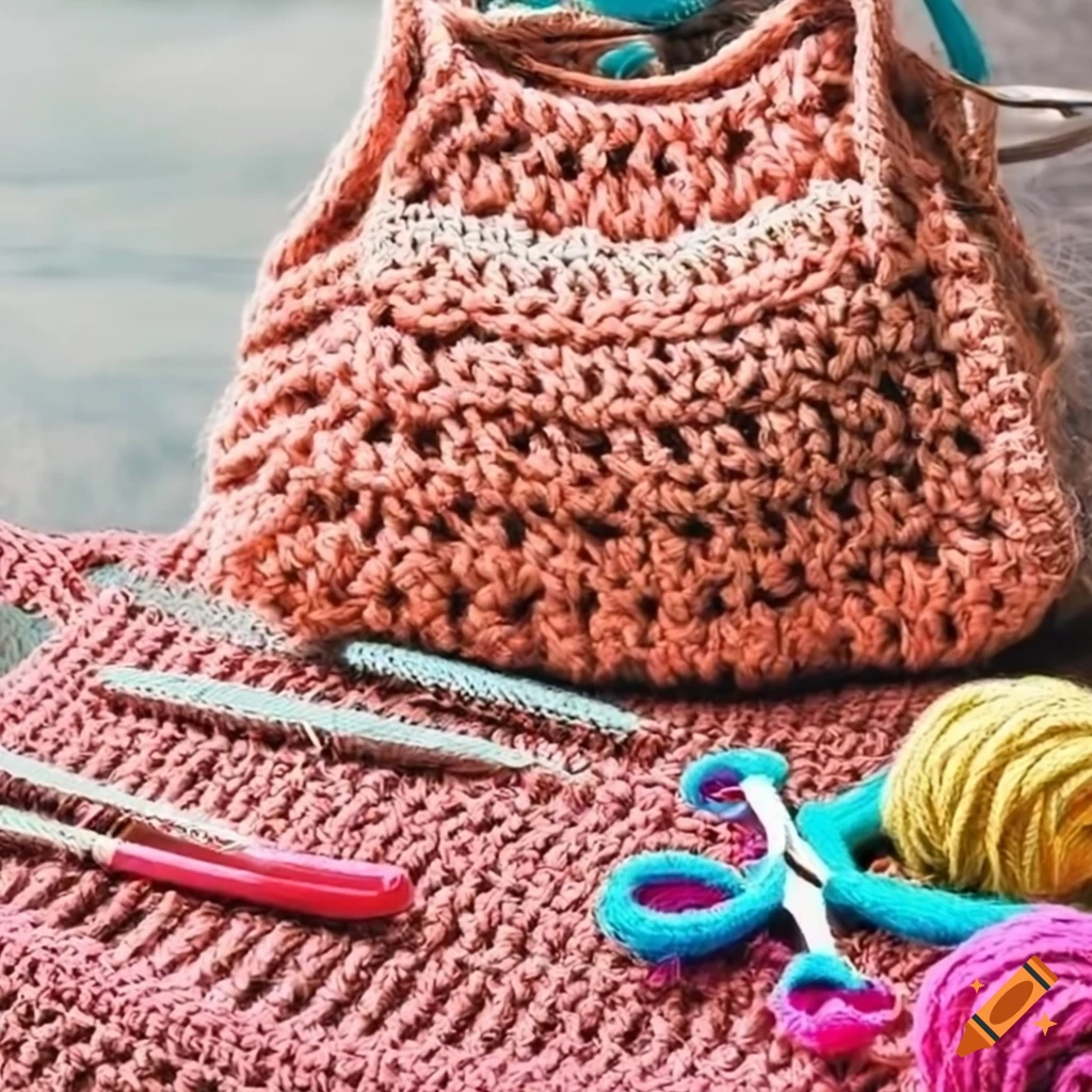 colorful crochet bag and craft supplies