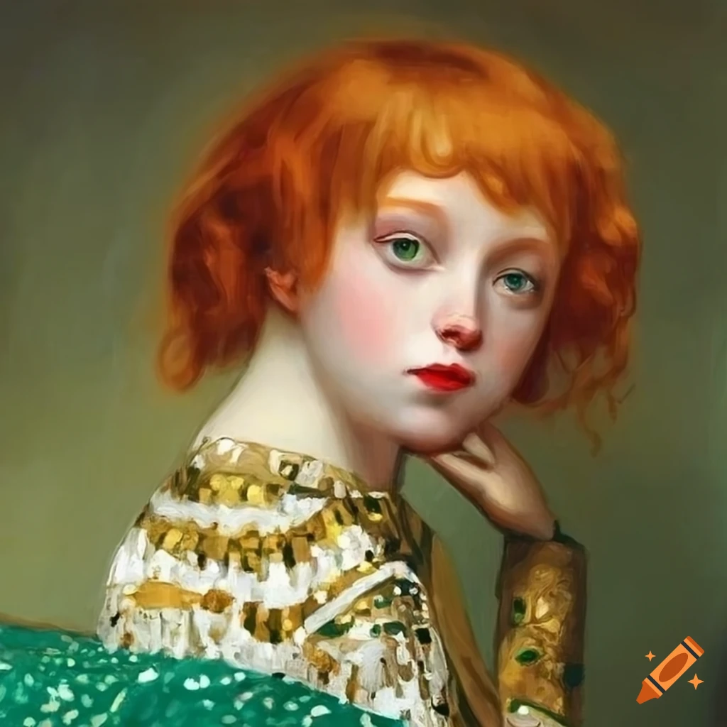 portrait of a red-haired girl dressed in green with a white cat
