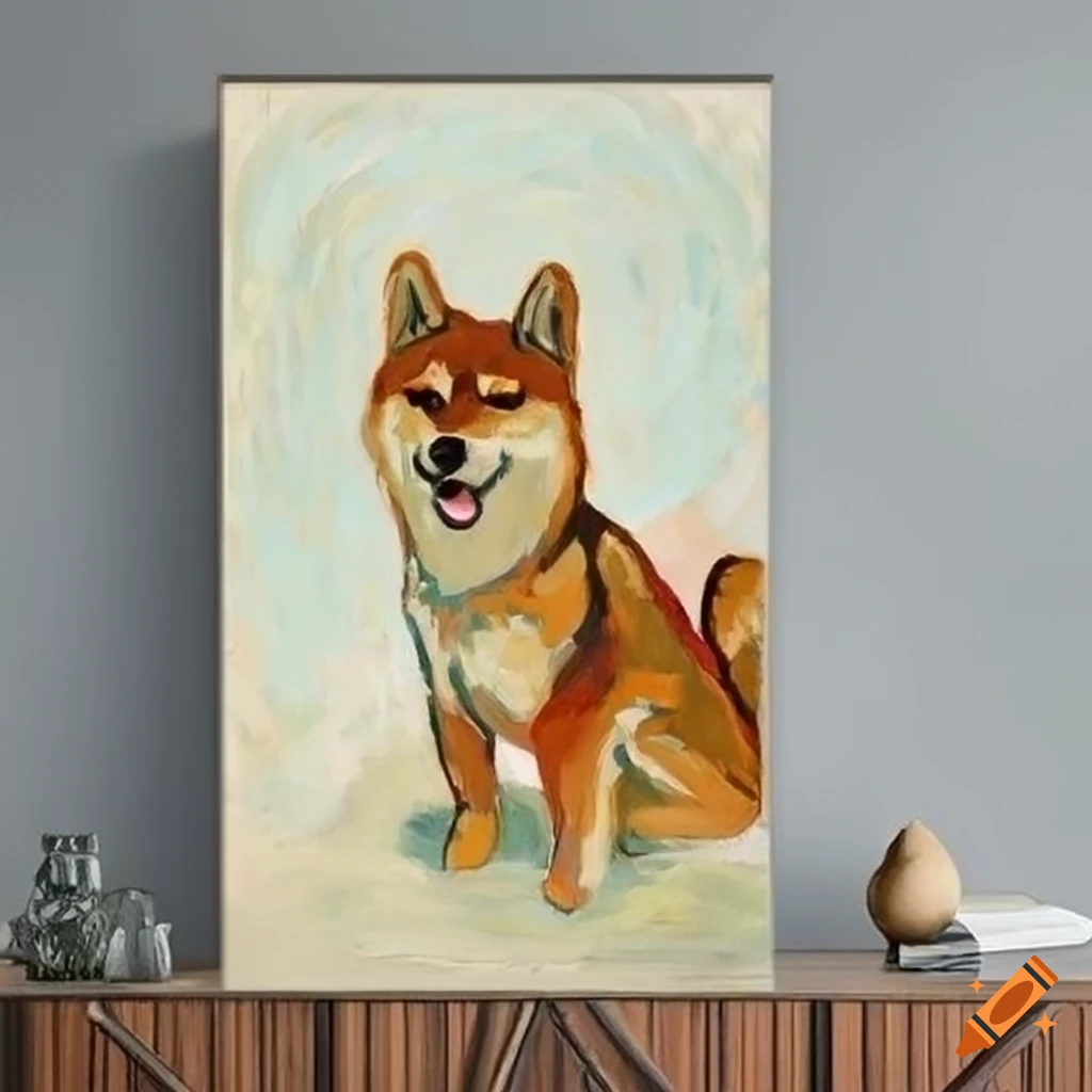 Painting of a shiba dog in a white hallway