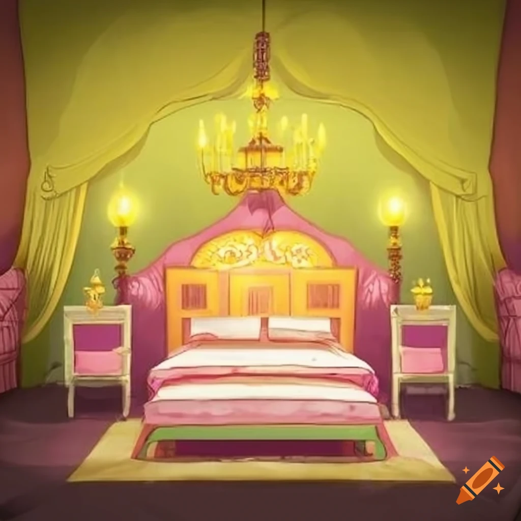 Anime royal bedroom with yellow chandelier