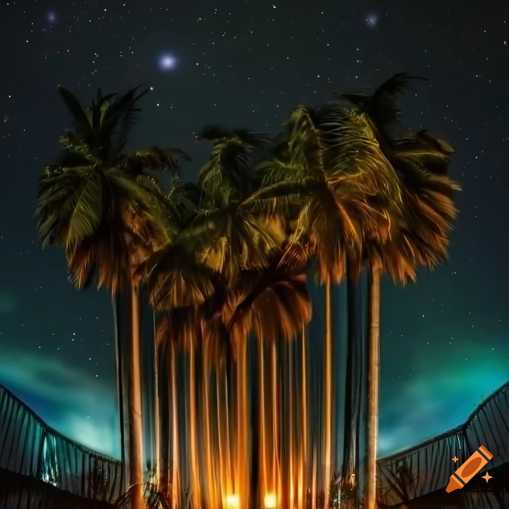 Photography of tall palm trees under shooting stars on Craiyon