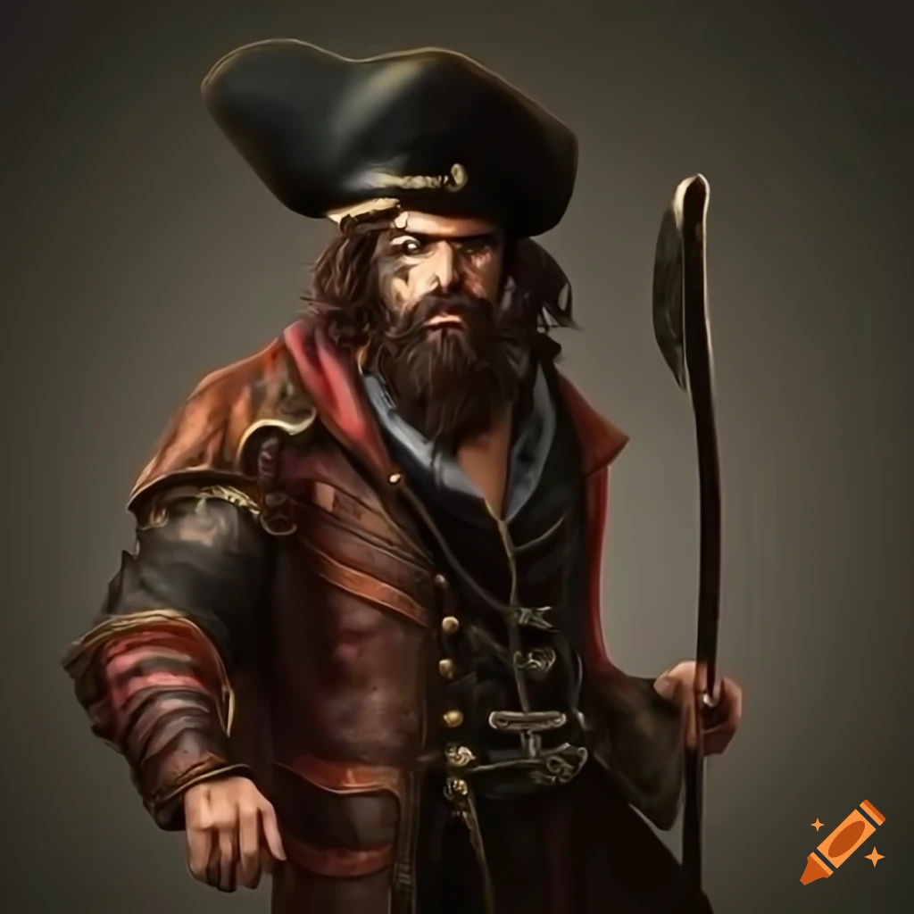 Pirate captain with a mean face standing tall ready to attack with