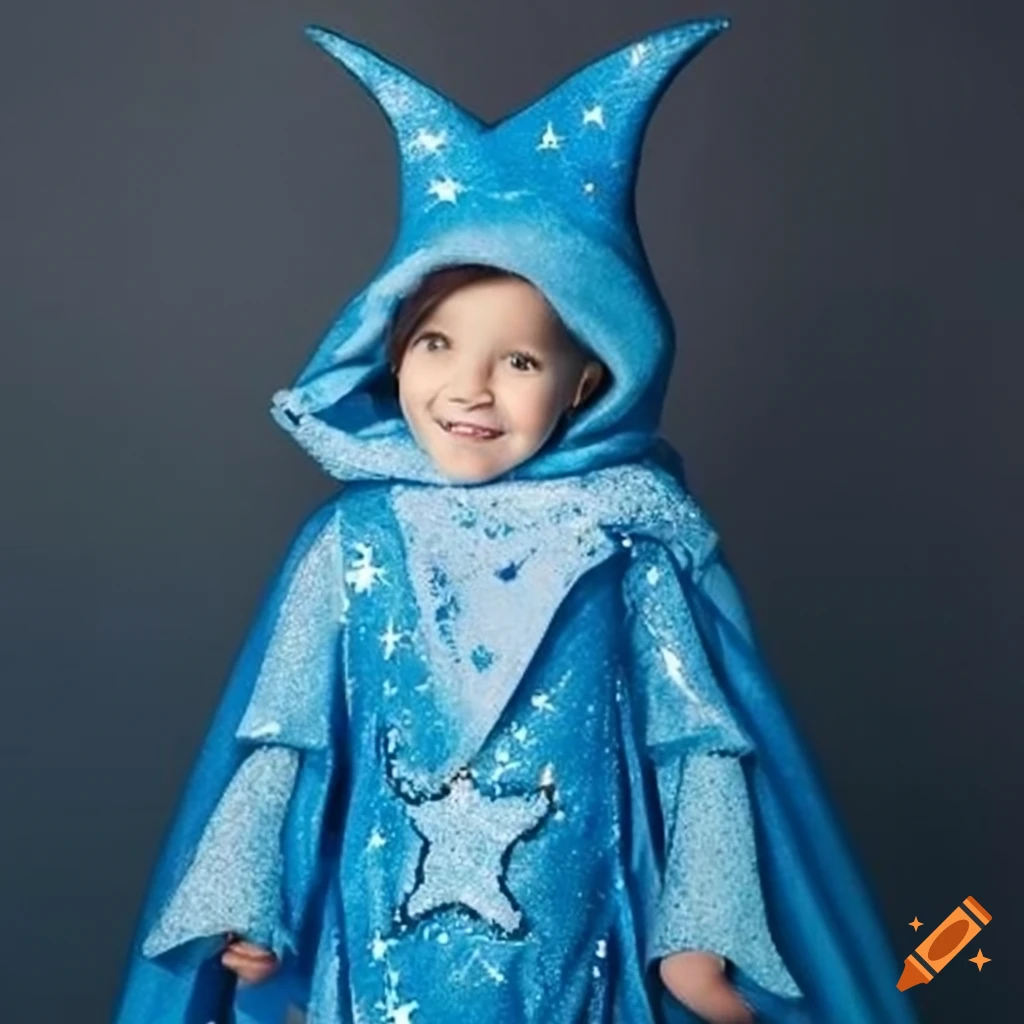 child wearing a blue starry wizard costume