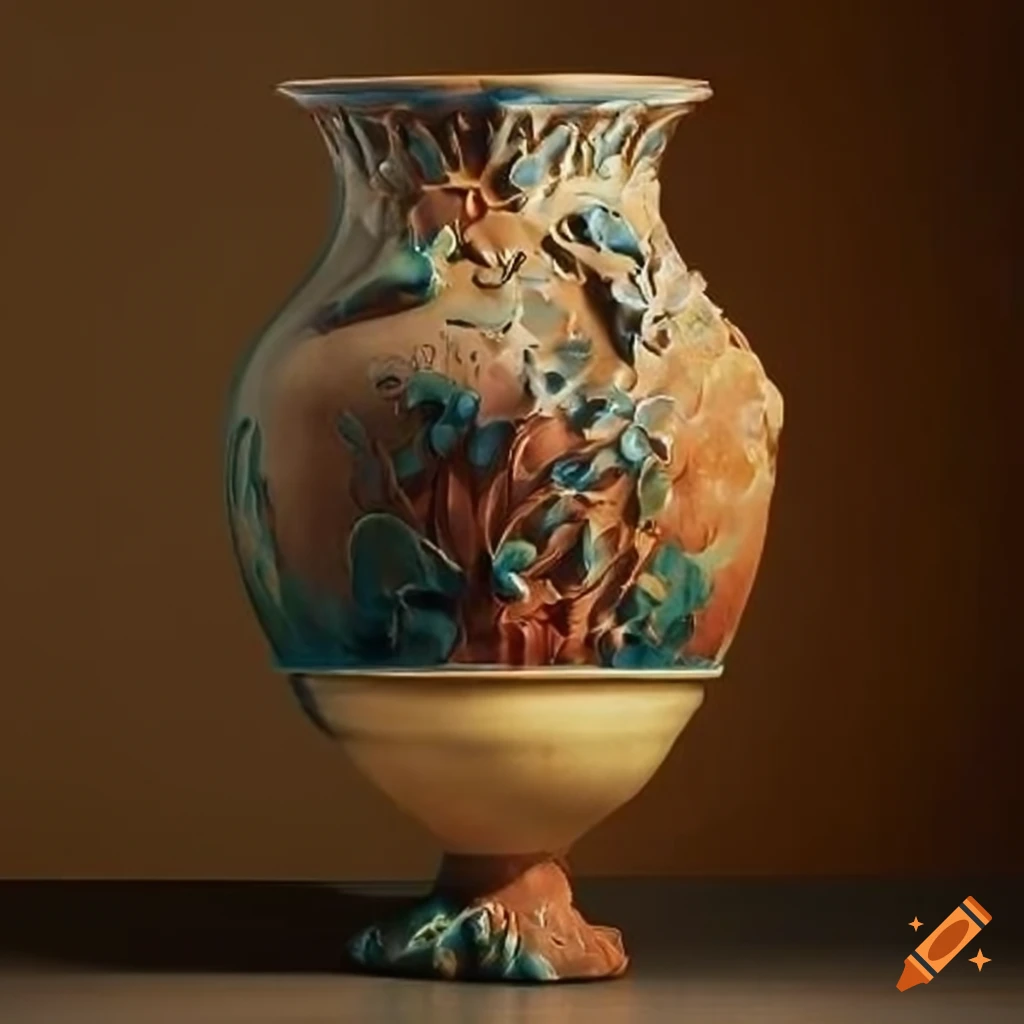 Ceramic vase with relief sculpture inspired by thomas cole paintings on