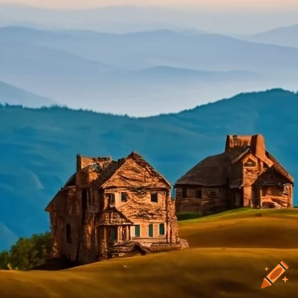 Scenic view of clay and stone houses surrounded by rolling hills on Craiyon