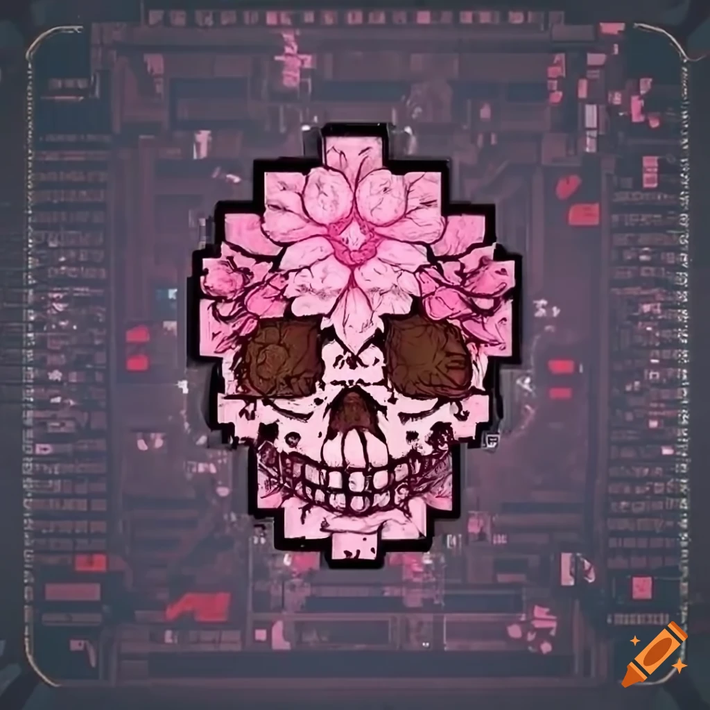 cyberpunk skull with sakura flowers