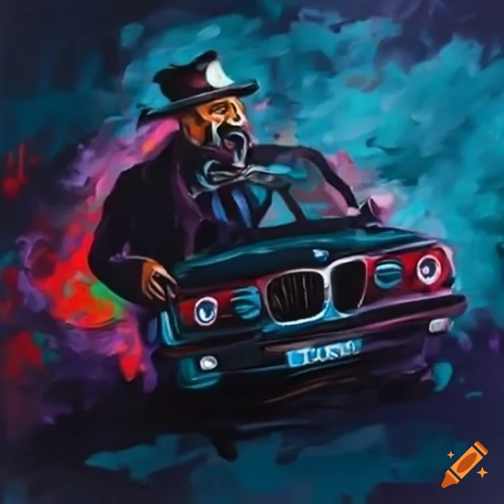 gangster posing in front of a black BMW